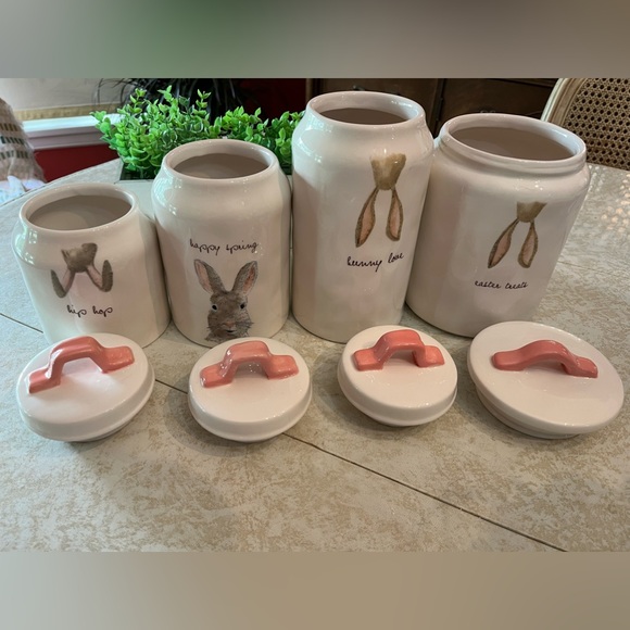 Rae Dunn 8.5” HAPPY SPRING Canister Magenta Pink Handle Bunny Rabbit 2017 - Picture 5 of 12